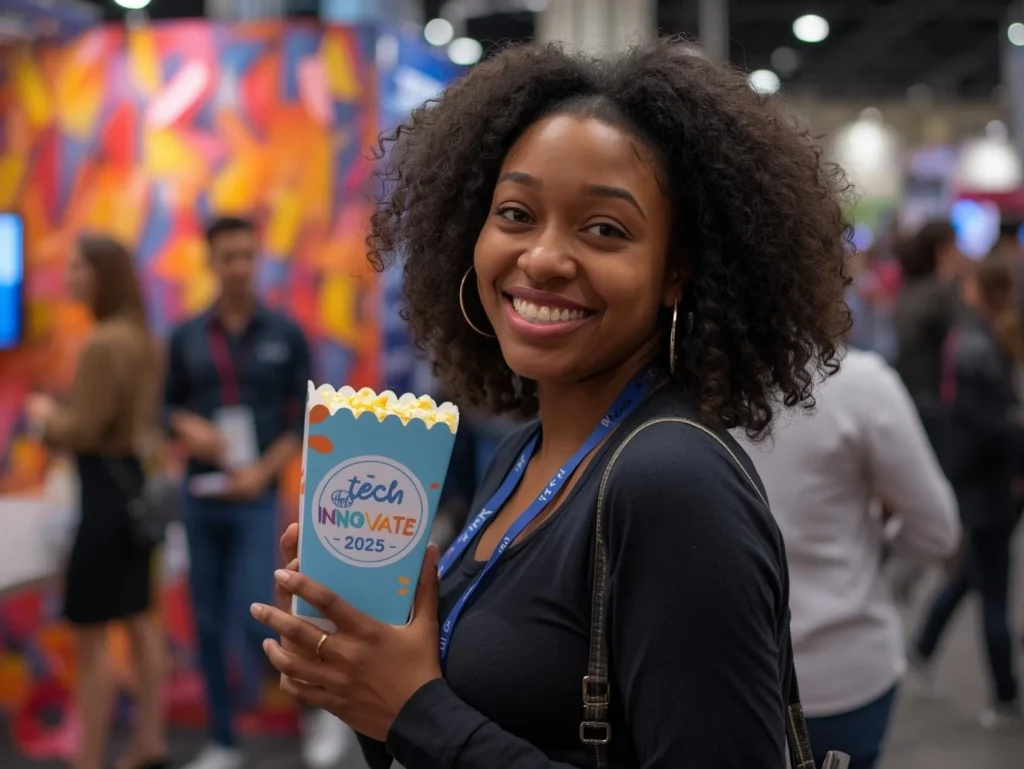 A close-up shot of a customized popcorn box featuring a new product logo and launch date