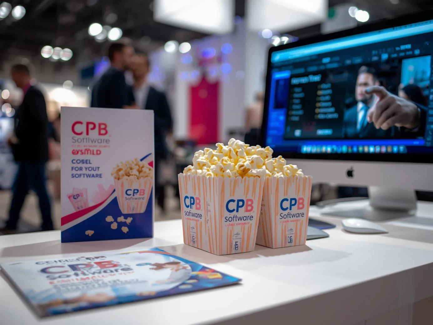Colorful customized popcorn boxes with company logos arranged on a table at a corporate event