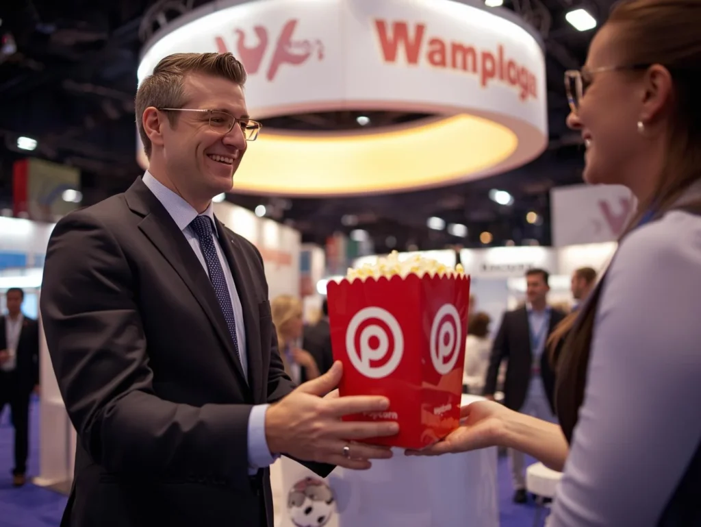 A conference guest smiling and holding a customized popcorn box at a busy trade show booth