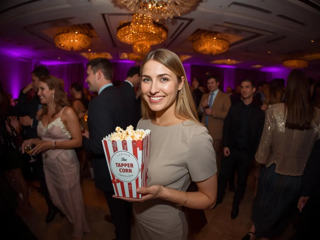 Composite image showing the same branded popcorn box used in four settings: a movie theater, birthday party, corporate desk, and carnival.