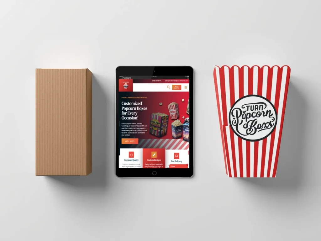 Flat lay showing the customization journey from a blank kraft box to a digital design interface and the final printed popcorn box.