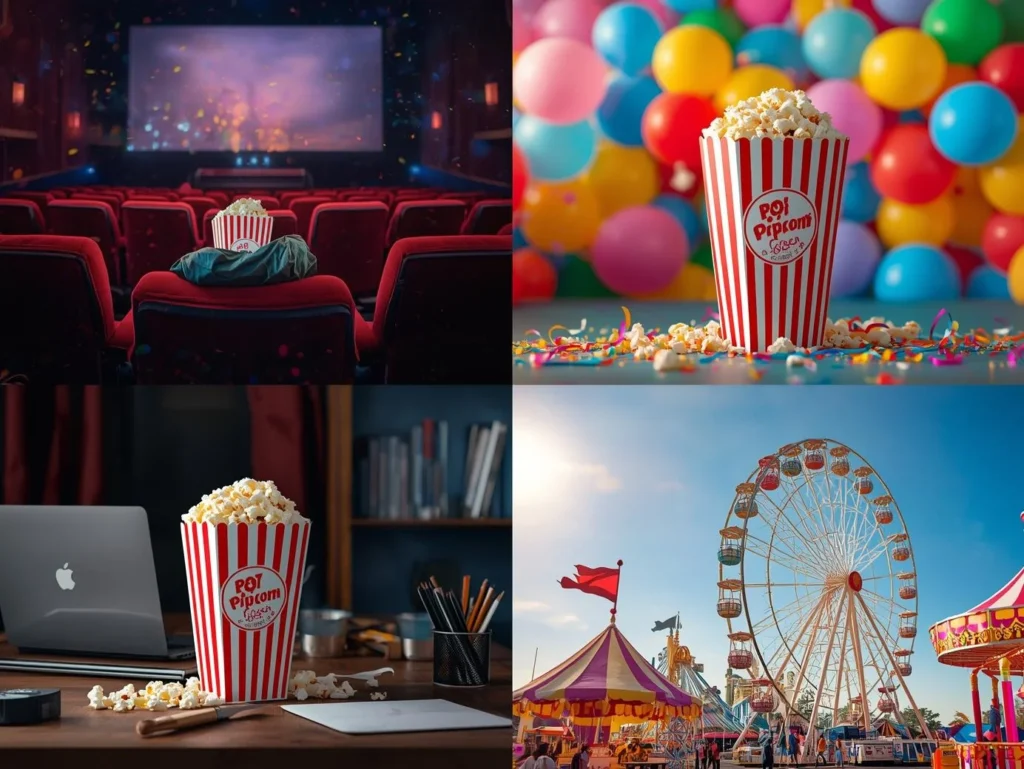 Extreme close-up of fresh, buttery popcorn overflowing from a stylish, custom branded tapper-style box.